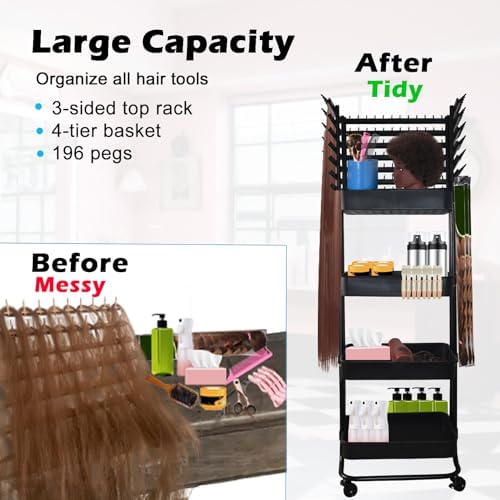 Braiding Hair Rack with 196 Pegs, Hair Extension Holder with 4 Tiers Storage Cart, Classical Black Braiding Rack Stand for Hair Braider, Sturdy Hair Rack for Salon, Home, Braiding School - Image 3