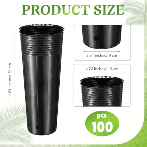 100 Pack Tall Tree Pot 11.8'' x 4.7'', Black Plastic Deep Nursery Pots, Soft Deep Seedling Pots for Seed Starting, Plant Starter Cups with Drainage Holes for Flowers, Cutting & Transplanting - Image 2