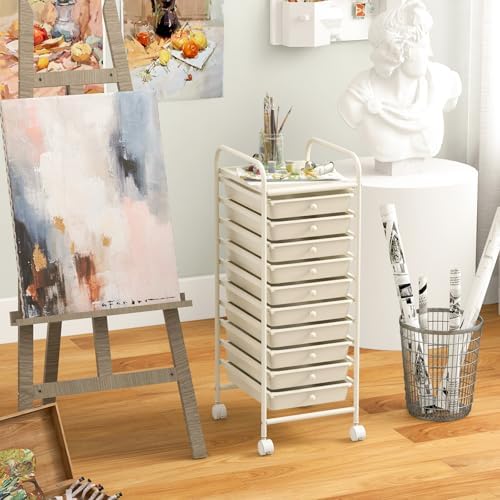 Giantex 10-Drawer Storage Cart w/Universal Wheel, Rolling Cart w/Handle, Home Organizer Storage Unit w/Removable Drawers, Trolley Utility Cart for Kitchen Makeup Living Room Office Play Room, Ivory - Image 4