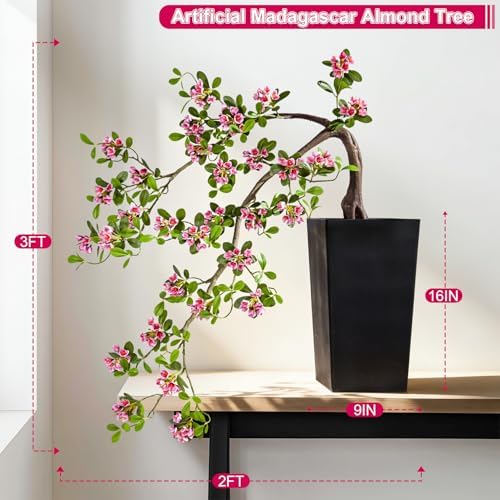 Large Artificial Bonsai Tree Artificial Flowering Tree Indoor Faux Decorative Plant for Living Room Home Office Décor Lifelike Branching & Natural Leaf Color Tree Madagascar Almond Style (Rose Red) - Image 4