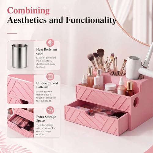 Pink Hair Tool Organizer with Drawer, Hair Brush Storage - Image 3