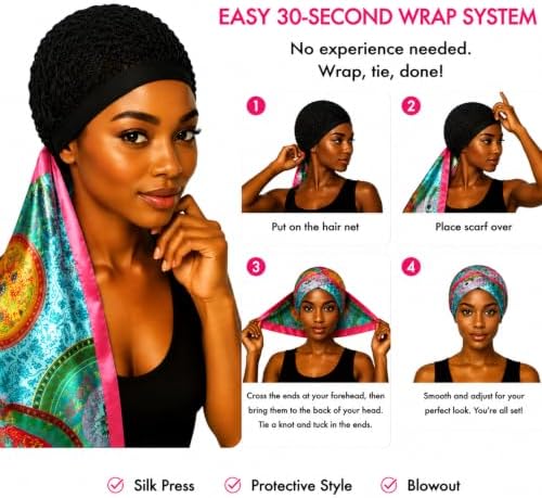2 in 1 Wrap Cap Hair Net and Scarf for Silk Press, Satin Wrap Cap Bonnet for Women, Adjustable Stay-On Sleep Hair Net Scarf for All Hair Types (Cyan blue, One Size) - Image 6