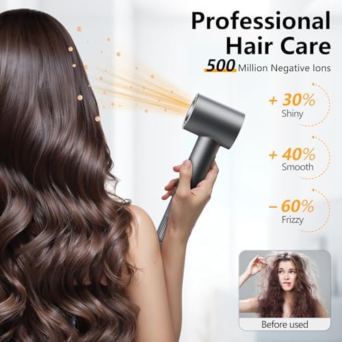 Fast Drying Without Extreme Heat, High-Speed Hair Dryer with 500M Negative Ions for Smooth, Frizz-Free Hair, Low-Noise Lightweight Blow Dryer with Diffuser & Concentrator, Gunmetal - Image 3