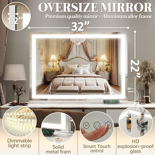 FENNIO Vanity Mirror with Lights 32"x22", Lighted Makeup Mirror, Large Vanity Mirror, Touch Sensor with 3-Color Lighting, USB Charging Port for Vanity Desk（Square White） - Image 5