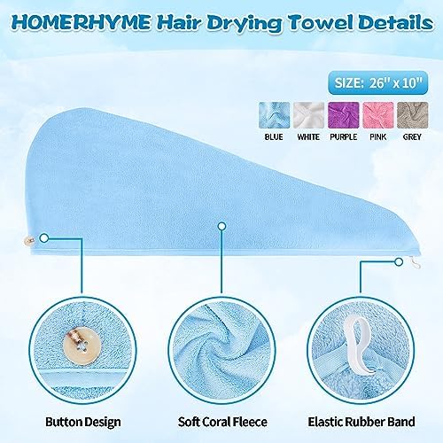 Hair Towel Wrap, 5 Pack Quick Dry Hair Wrap, Highly Absorbent Adjustable Soft Towel Wrap, Anti Frizz Hair Turban with Button & Elastic Loop Hair Towels for Women Wet, Curly, Long Hair - Image 3