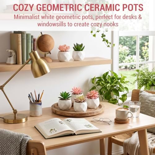 MyGift Pink & Green Artificial Succulent Plants, Ceramic Pots, Set of 6 - Image 3