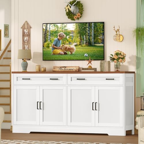 usikey 63" Buffet Cabinet with Storage, Sideboard Cabinet with 2 Adjustable Shelves and 4 Doors, Modern Farmhouse Coffee Bar Cabinet for Kitchen, Living Room, White - Image 4