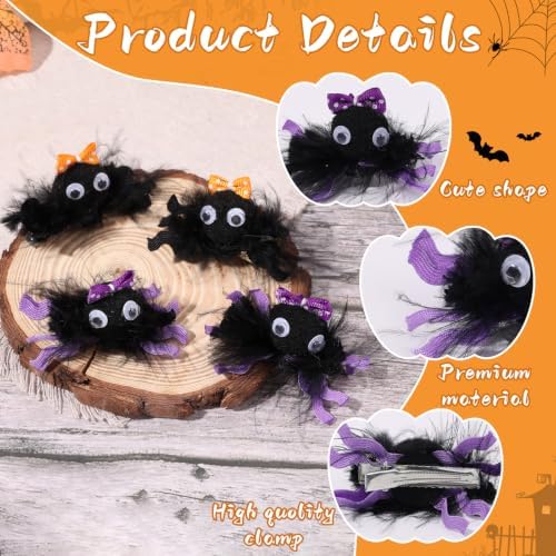 4 Pcs Halloween Spider Hair Clips, Cute Halloween Spider Bows, Polka dot webbing Feather Helloween Hairpins Handmade Alligator Clips,Gift for Cosplay Party Accessory - Image 4