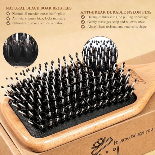 Bsisme Boar Bristle Hair Brush, Professional Detangling Brush for Women Men Kids, Anti-Static Paddle Hairbrush, Suitable for Thick Curly Straight Wet Dry Hair, Reduce Frizz Add Shine - Image 3