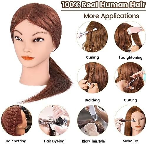 MYSWEETY Mannequin Head with Hair, Doll Head for Hair Styling, Manikin Head with 100% Human Hair Cosmetology Makeup Hairdressing Training Head with Clamp Holder and Tools(18" Auburn, Makeup) - Image 3