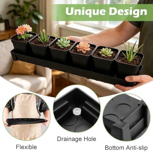 RooTrimmer 10 Pack Plastic Windowsill Saucer with 2.8 inch (7CM) Square Nursery Pots 60pcs, Rectangular Window Sill Plant Pot Trays with Removable Drainage Hole, Thick Plant Saucer Tray (Black) - Image 4