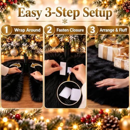 59 Inch Black Christmas Tree Skirt, Soft Faux Wool Tree Base Cover - Image 2