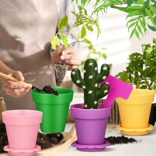 36 Packs Cupcake Plant Nursery Pots with Humidity Dome Small Flower Pots Plastic Planting Containers Cups with Saucers and Shovel for Indoor Outdoor Plant Succulent Display(Colorful) - Image 5