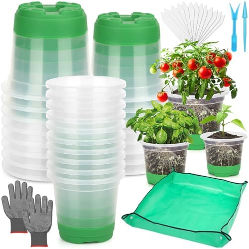 Caffox 51PCS Reusable Seed Starter Kit Includes 26 Packs 3 Sizes Clear Nursery Pots with Silicone Base, Repotting Mat, Gardening Gloves, Plant Labels and Seedling Tools for Easy Transplant by Caffox