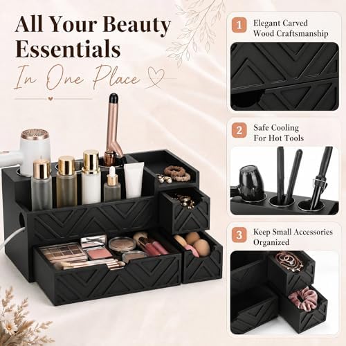 Hair Tool Organizer with 3 Drawer Wooden Blow Dryer Holder, Black - Image 3