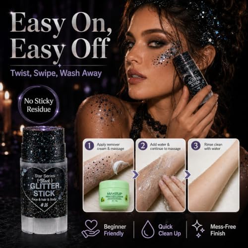Go Ho Black Glitter Stick,Halloween Hair Face Body Shimmer for Women Kids - Image 4