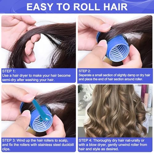 Hair Rollers, 12 Pack Hair Curler Large Hair Rollers for Women, Self Grip Hair Roller with Clips, Blue - Image 5