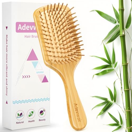 Bamboo Hair Brush for Men Women Detangling Thick Curly Hair, Natural Bamboo Bristles Wooden Paddle Hairbrush with Ergonomic handle for All Hair Types by Adevwair