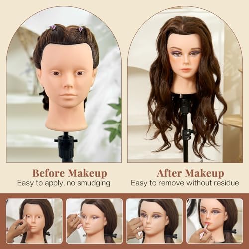 28Inch 80% Real Hair Mannequin Head - Cosmetology Mannequin Head with Hair for Makeup Braiding Makeup Curling Cuting, Make up Doll Head for Styling with Table Clamp hair Styling Set (Dark Brown) - Image 4