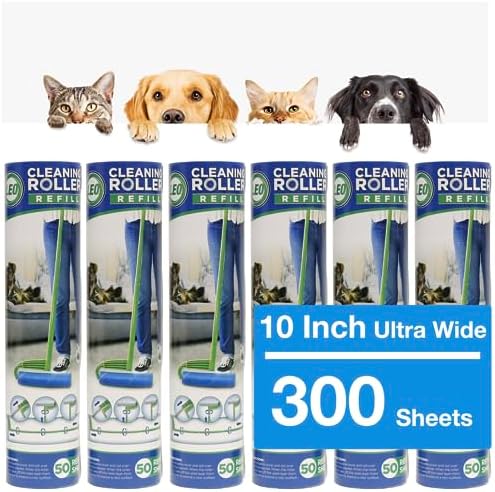 Leo 10-Inch Wide Lint Roller Refills, 6 Rolls with 50 Sheets Each (300 Sheets Total), Extra Sticky for Pet Hair, Carpet & Floor Cleaning by Leo