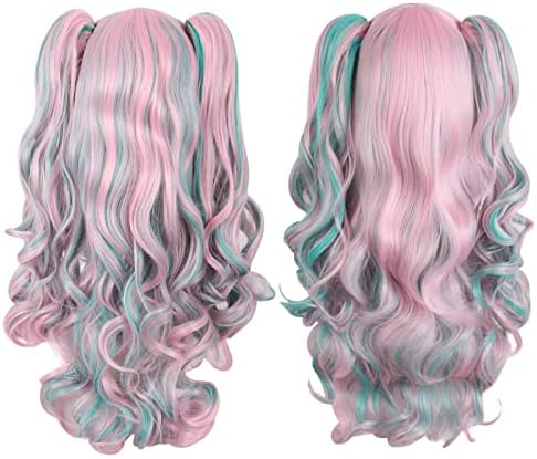 MapofBeauty Lolita Long Curly Clip on Ponytails Cosplay Wig, Pink/Blue - Image 6