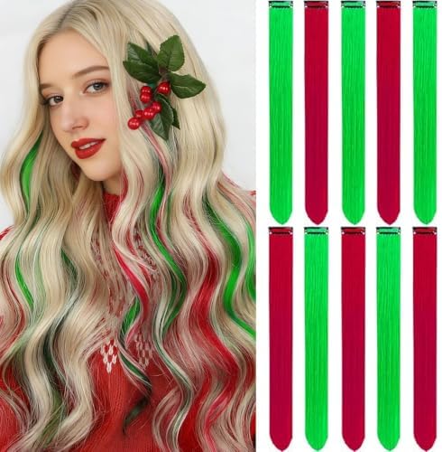 Red and Green Hair Extensions Clip in Synthetic Hairpiece 10 PCS by LADYAMZ