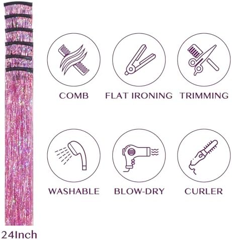 IDN BEAUTY Hair Tinsel Clip In Pink Sparkle Hair Extensions 24 Inch 6pcs - Image 5