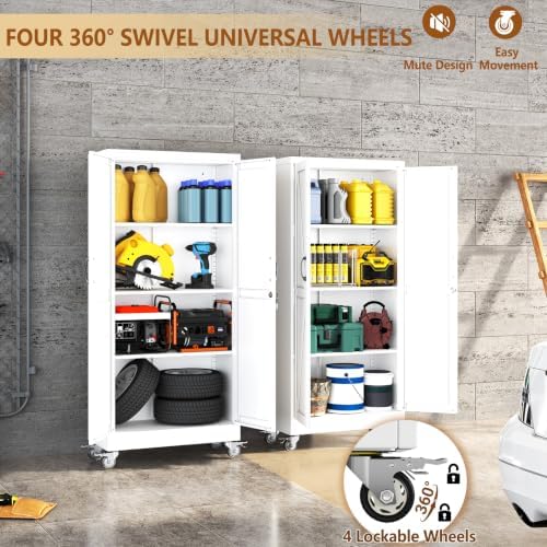 61" Metal Garage Storage Locker Cabinet with Wheels,Rolling White Lockable Tool Cabinet with 2 Doors and 3 Adjustable Shelves, Steel File Cabinet for Home Office Warehouse Gym - Image 6