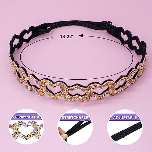 FROG SAC 6 Glitter Headbands for Girls, Adjustable Non Slip Thin Elastic Hair Bands for Kids, Stretch Heart Zig Zag Girl Hair Accessories, Sparkly Headband, Head Band Hairband (Multicolor 1, Kids) - Image 4