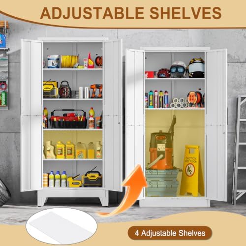 71" White Metal Storage Cabinet with 2 Doors and 4 Adjustable Shelves,Steel Garage Tool Cabinet, File Cabinet,Kitchen Pantry Cabinet for Home,Office,Garage,School,Warehouse - Image 4