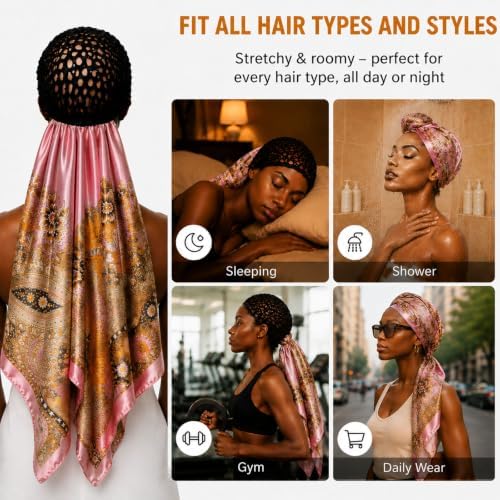 2 in 1 Wrap Cap Hair Net and Scarf for Silk Press, Satin Wrap Cap Bonnet for Women, Adjustable Stay-On Sleep Hair Net Scarf for All Hair Types - Image 5