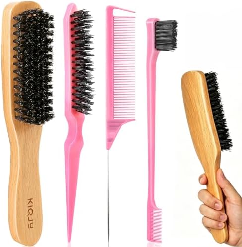 4Pcs Boar Bristle Slick Back Hair Brush Set, Soft Bristle Tames Flyaways, Frizz Shine, Gentle on Fine Hair & Scalp, with Rat Tail Comb & Edge Control for Sleek Ponytails, Buns, Teasing, Women Men Kids by Unknown
