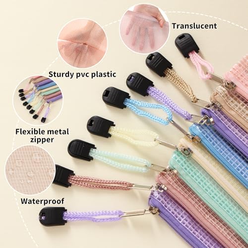 EOOUT 14pcs Mesh Zipper Pouch, 8 Sizes Waterproof Zipper Bags, 7 Colors Waterproof Plastic Document Pouch, Multipurpose for Travel Storage, Office Appliances, Home Organize - Image 3