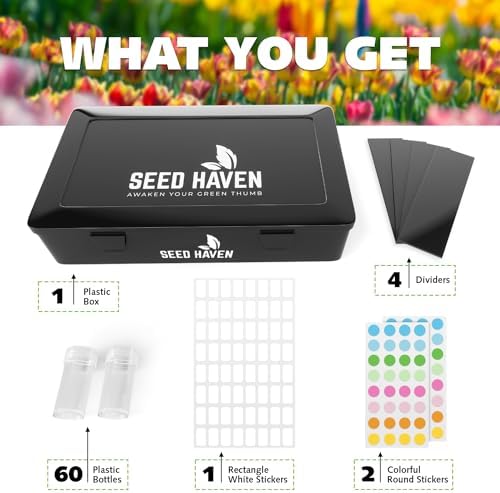 Seed Organizer Storage Box, Black Opaque Light Proof Seed Bank with 60 Transparent Bottles & Labels, Seed Holder Packet Organizer, Seed Vault Container for Homesteaders, Garden Tackle and Bead Sorter - Image 3