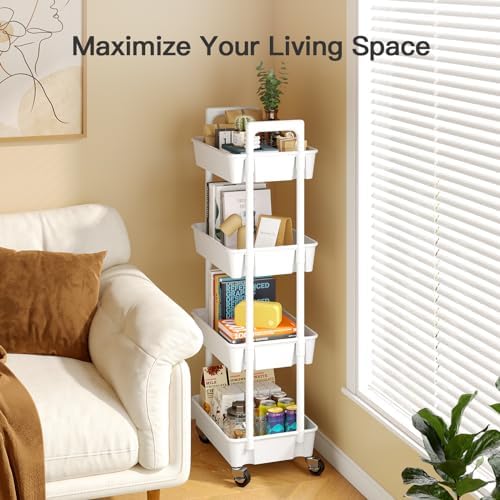 Pipishell 4 Tier Rolling Cart with Handle & Wheels for Storage, White - Image 5