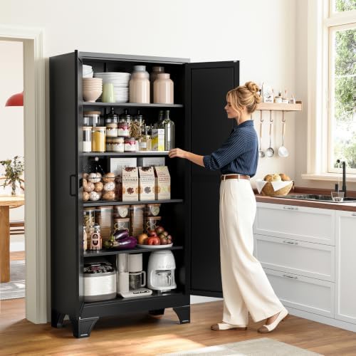Yizosh 75" Black Metal Pantry Storage Cabinet,Garage Tool Storage Cabinets - Image 2