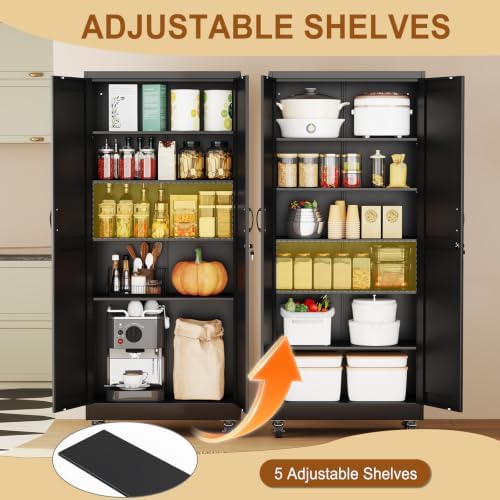 75" Metal Garage Storage Locker Cabinet with Wheels,Rolling Black Lockable Tool Cabinet with 2 Doors and 5 Adjustable Shelves, Steel Office File Cabinet for Home Office Warehouse Gym - Image 5