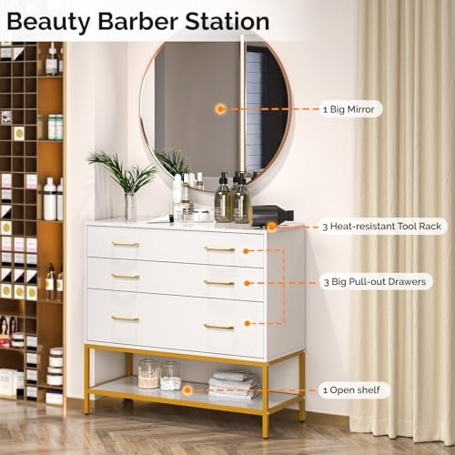 OmySalon Salon Stations for Hair Stylist, Barber Station with Mirror, 3 Drawers, Shelf & Tool Holders, Hair Storage Cabinet Organizer Table for Beauty Spa, White - Image 3