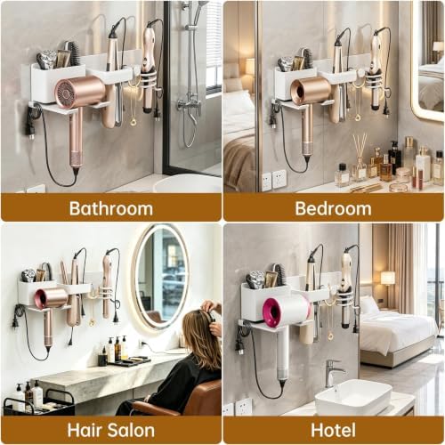 5 in 1 Hair Dryer Holder Hair Tool Organizer Metal Wall Mount (White) - Image 7