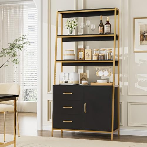 HITHOS Black Gold Bookshelf, 69" H Ladder Book Shelf with Drawers & Shelves - Image 2