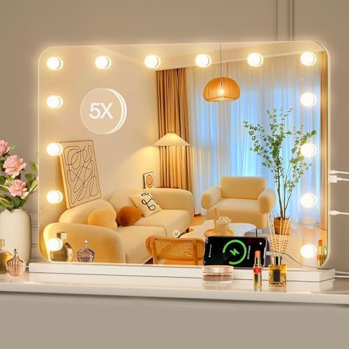 ouboyo 28" x20” Hollywood Vanity Mirror with Lights & Bluetooth Speaker - 14 LED Bulbs, 3 Color Modes, Touch Control, USB/Type-C Charging, 5X Magnification by OUYOBOLedMirrorforLife