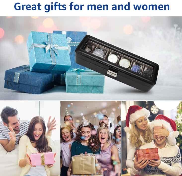 Watch-Box Organizer for Men and Women: Watch-Case Holder 6-Slot Watch Box Pu-Leather Watch-Display with Glass Window and Lock Black - Image 6