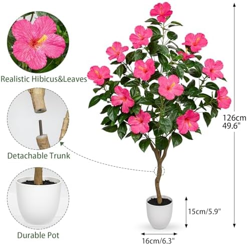 Briful Artificial Hibiscus Tree 4.13ft Tall Real Touch Fake Tree with Pink Flowers Potted Faux Plant Indoor Realistic Floor Plants for Front Porch Outdoor Home, Patio Decor - Image 2