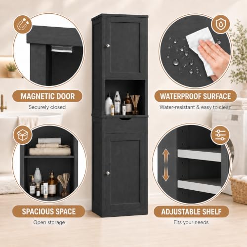 Walsunny Tall Bathroom Storage Cabinet with 6 Adjustable Shelves, Black - Image 4