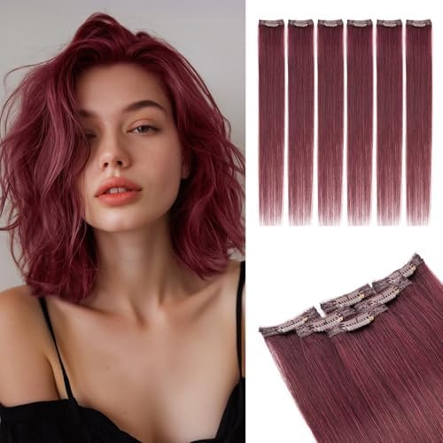 Rich Choices Real Human Hair Clip In Extensions-6 Pcs Single Clip Design-100% Remy Hairs Invisible Clip in Extensions for Thin Short Hair-Hairpieces for Women-12 Inches #99J Burgundy Red Halloween by RichChoices