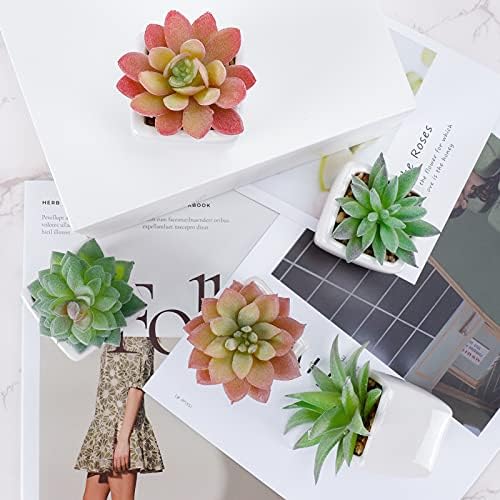 FUNARTY 5pcs Artificial Succulent Plants, Small Fake Desk Plants Mini Succulents Indoor for Shelf Living Room Bedroom Windowsills Office Home Decoration (Include White Ceramic Pots) - Image 6