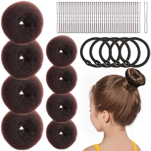 FANDAMEI Hair Bun Maker for Kids, 4PCS Donut Bun Maker Small with 4PCS Extra Small Hair Buns Kit. Ballet Hair Bun Maker for Kids, Hair Bun Set with Elastic Hair Ties, Hair Pins.(Brown) by FANDAMEI