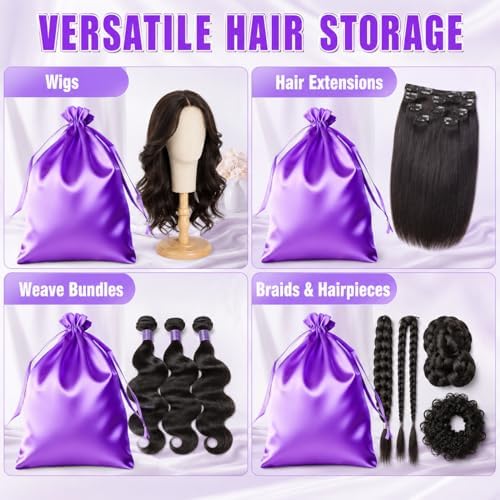 4-Pack Satin Wig Bags with Drawstrings, Purple & Black Storage Pouches Silk Hair Storage Bags for Multiple Wigs, Hair Extensions, Weave Bundles, and Braids, Gift & Travel Bag Storage Sacks - Image 7