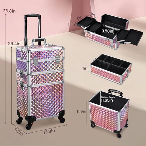 FRENESSA 3 in 1 Rolling Makeup Train Case Cosmetology Case on Wheels Pink - Image 5