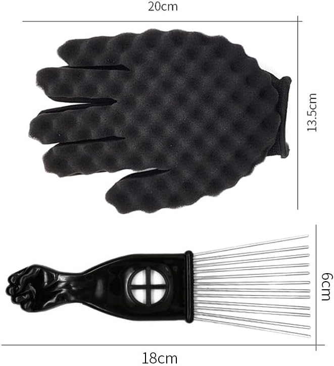Hair Sponge Set,Afro Brush, Magic Curl Glove, Metal Pick Comb, and Twist Comb for Hairstyling (Black-6Pcs) - Image 2